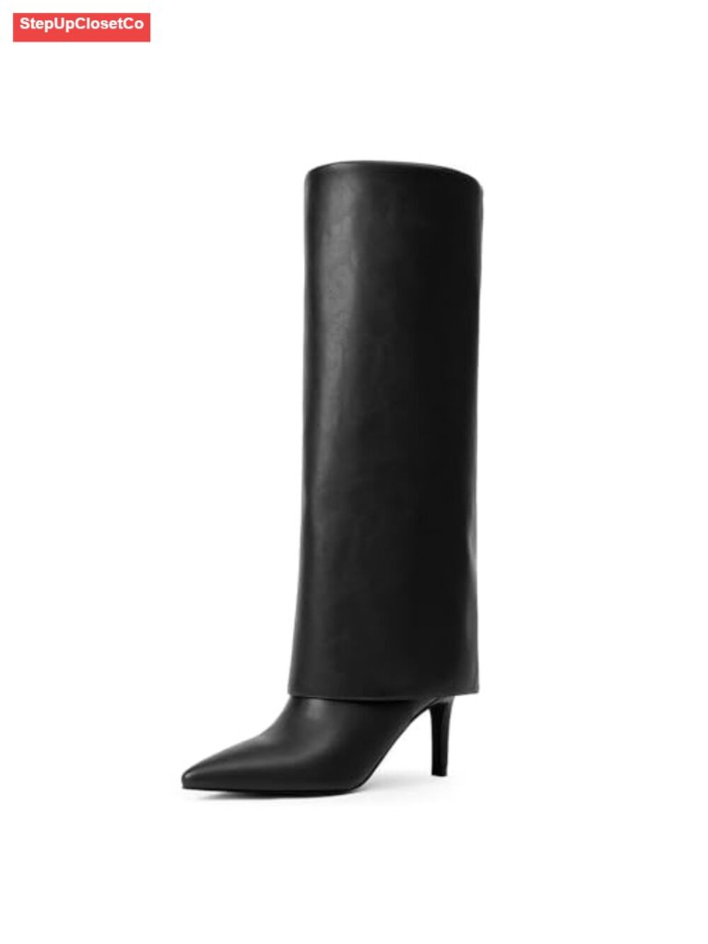 Fold Over Knee High Boots Faux Leather Stiletto Heel Pointed Toe